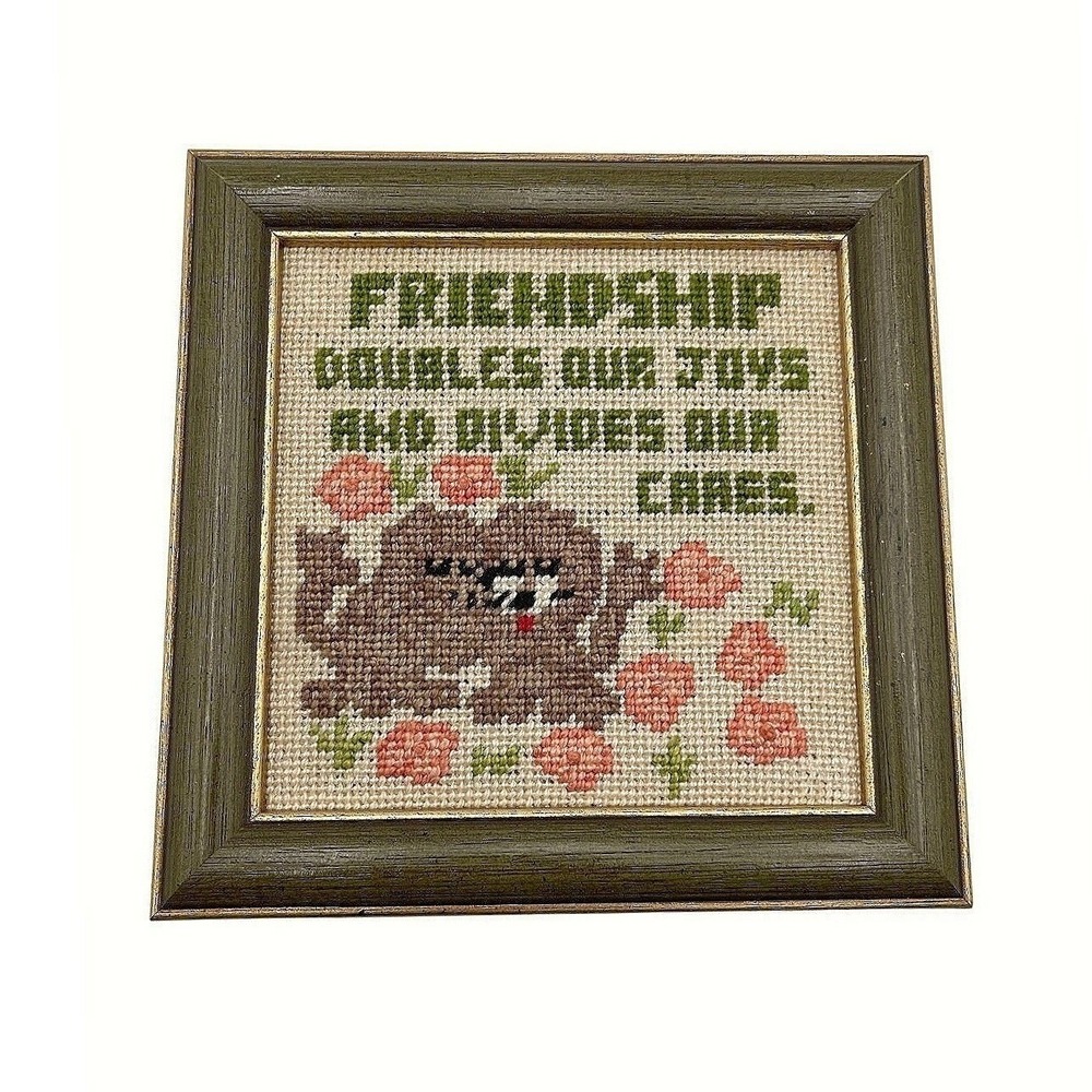 VTG Cross Stitch 6.5" Framed Friendship Hedgehogs Wall Art Cottagecore Eclectic